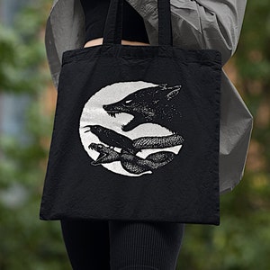 Schwarzer Stoffbeutel Bedruckt | Tasche Wolf Schlange Krähe | Gothic Handtasche | Jutebeutel | Gothic Geschenke | Baumwolltasche