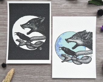 Postkarte Wolf Schlange Krähe |  Dunkle Kunst | Goth | Linien Kunst  |  Dekokarten DINA6 | Kleine Wanddeko | Fantasy Karte