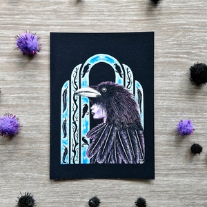 Cartolina Dea Corvo, Line Art, Biglietto d'auguri per gli amanti del Corvo, Arte Oscura, Corvo Corvo, Biglietto artistico, Piccola decorazione murale, Arte Goth