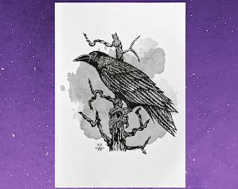 Kunstprint kraai | Muurschilderingen | Zeer fijne tekeningen | Aquarelfoto's | Raven| Dierlijke illustratie | Inkttekening | Kunst voor aan de muur | A4