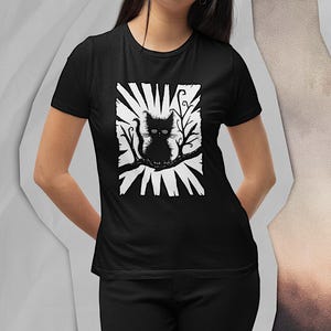 Women&#39;s Shirt Black, Cat Shirt, Sad Cat, Cat Love, Goth Shirt, T Shirt Cat Motif, Kitten, Alternative Clothing, Black Cat
