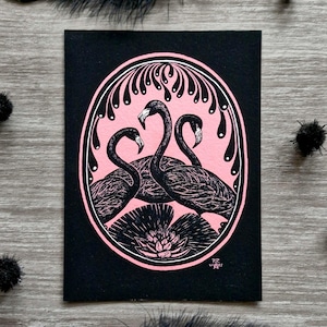 Ansichtkaart Zwarte Flamingo's, decoratieve ansichtkaarten, flamingo ansichtkaart, lijntekeningen, goth art schilderij, wenskaart flamingo