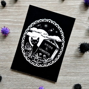 Cartolina strana e meravigliosa, cartolina d'auguri gatto nero, arte oscura, carina spaventosa, cartolina per geek, arte gotica