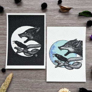 Ansichtkaart Wolf Slang Kraai |  Donkere kunst | Gotisch | Lijnkunst |  Decoratieve kaarten DINA6 | Kleine wanddecoratie | Fantasiekaart