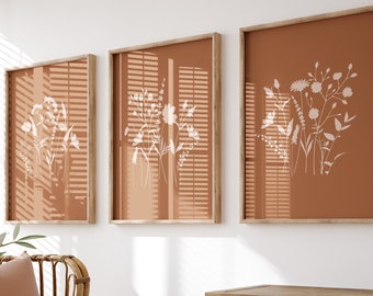 Digital Wildflower Silhouettes Wall Art Burnt Orange Gallery Wall Set 3 Piece Wall Art Terracotta Boho Botanical PRINTABLE Wall Art, No. 110