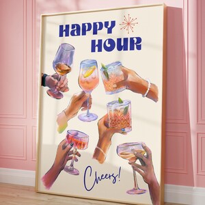 Happy Hour Wall Art Cheers Print Cocktail Poster Retro Bar Cart Decor Slaapzaal Decor, AFDRUKBAAR Artnr. A-171