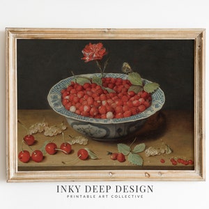 Still Life Fruit Painting Bowl of Strawberries Vintage Still Life Farmhouse Kitchen Wall Art Cottagecore Downloadable Printable Art No. 353