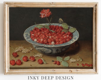 Still Life Fruit Painting Bowl of Strawberries Vintage Still Life Farmhouse Kitchen Wall Art Cottagecore Downloadable Printable Art No. 353