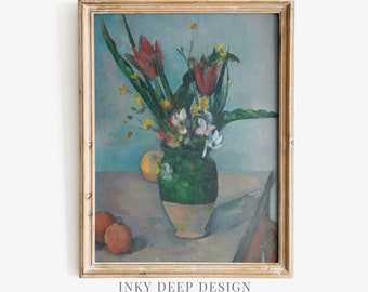 Cezanne Print Downloadable Vintage Still Life Painting Florero con tulipanes Colorful Fruit Wall Art Arte floral Arte imprimible No. 358