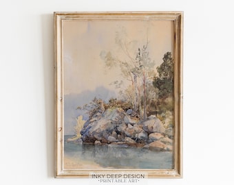 Watercolor Lake House Wall Art Lake House Decor Printable Lake Painting Vintage River Painting Downloadable PRINTABLE Wall Art, No. 194