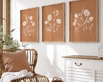 Digital Wildflower Wall Art Burnt Orange Art Work 3 Piece Wall Art Terracotta Boho Botanical Floral PRINTABLE Wall Art, No. A147