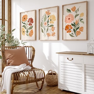 Abstract Boho Wildflowers Wall Art Set of 3 Burnt Orange Art Work Terracotta Botanical Boho Floral 3 Piece Wall Art PRINTABLE, No. A-144