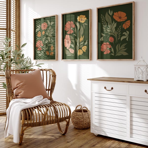 Abstract Botanical Wildflowers Set of 3 Green Terracotta Burnt Orange and Gold Wall Art 3 Piece Moody Boho Floral PRINTABLE Art, No. A-192-3