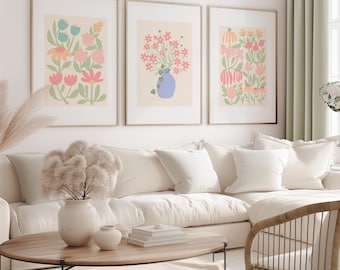 Modern Boho Flower Wall Art Set of 3 Pink Sage Green Peach Floral Prints Trendy Flower Print Boho Botanical PRINTABLE Wall Art, No. A-169
