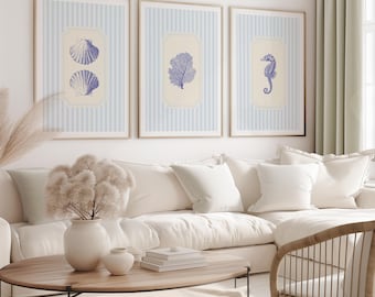 Coastal Wall Art Set of 3 Coastal Granddaughter Aesthetic Vintage Seashell Posters Preppy Blue Stripe Prints Trendy PRINTABLE Art, No. A-234