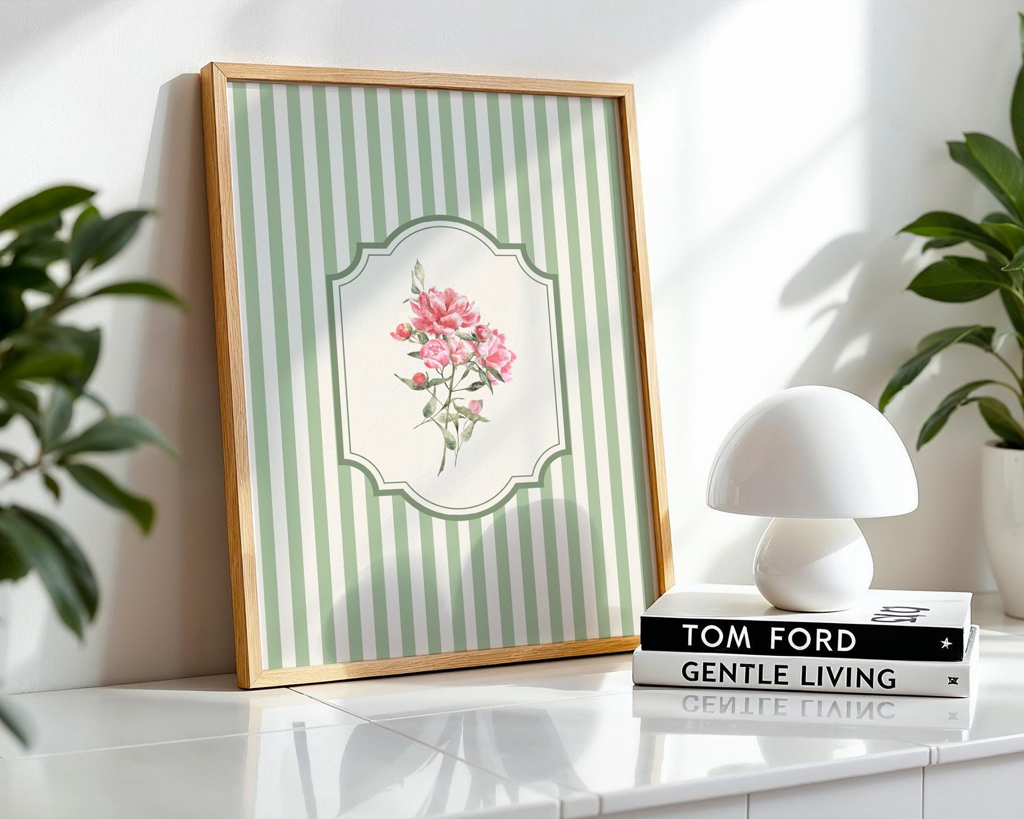 Sage Green Pink Botanical Wall Art Set of 3 Neutral Vintage Striped ...