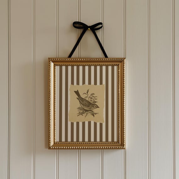 Vintage Bird Prints Retro Bird Art Brown Striped Art Print Grand Millennial Art Victorian Bird Art Downloadable Printable Art, No. A-214