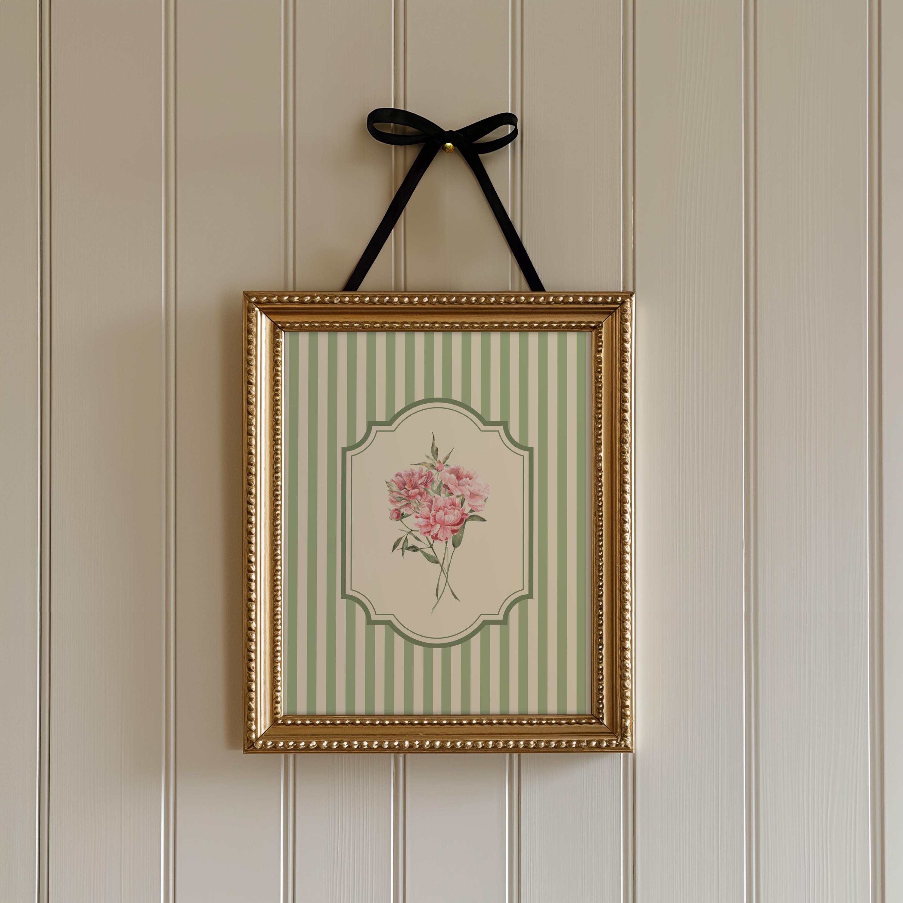 Sage Green Pink Botanical Wall Art Set of 3 Neutral Vintage Striped ...