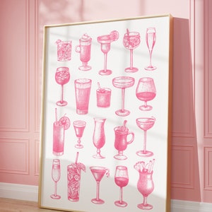 Bar Cart Art Cocktail Poster Girly Wall Art Blush Pink Wall Art Coquette Room Decor Pink Preppy Poster Dorm Decor PRINTABLE Art, No. 138