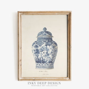 Antique Ginger Jar Print Blue Chinoiserie Vase Art Print Vintage Ginger Jar Painting Digital Download PRINTABLE Wall Art, No. 433