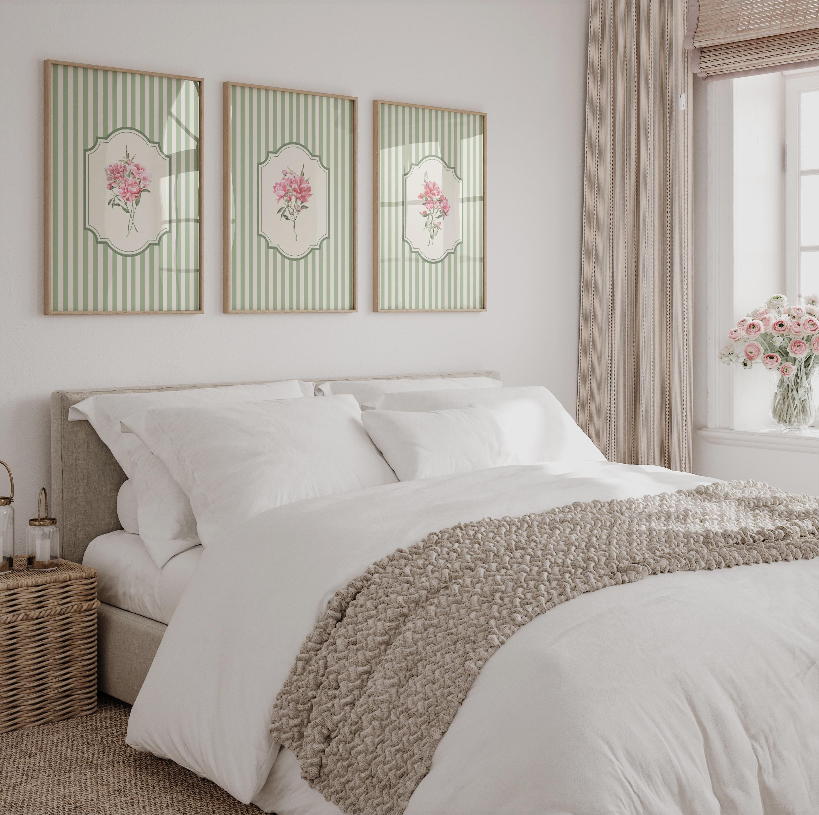 Sage Green Pink Botanical Wall Art Set of 3 Neutral Vintage Striped Floral Prints Preppy Trendy Grandmillennial PRINTABLE Art, No. A-220