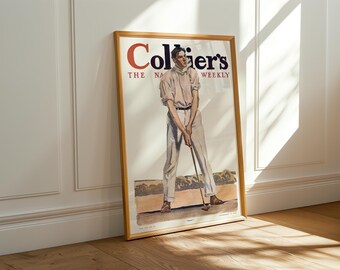 May include: Framed vintage print of Collier's Weekly magazine cover. The artwork depicts a man in a light-colored shirt and pants, poised to swing a golf club. The magazine title is in red and blue.