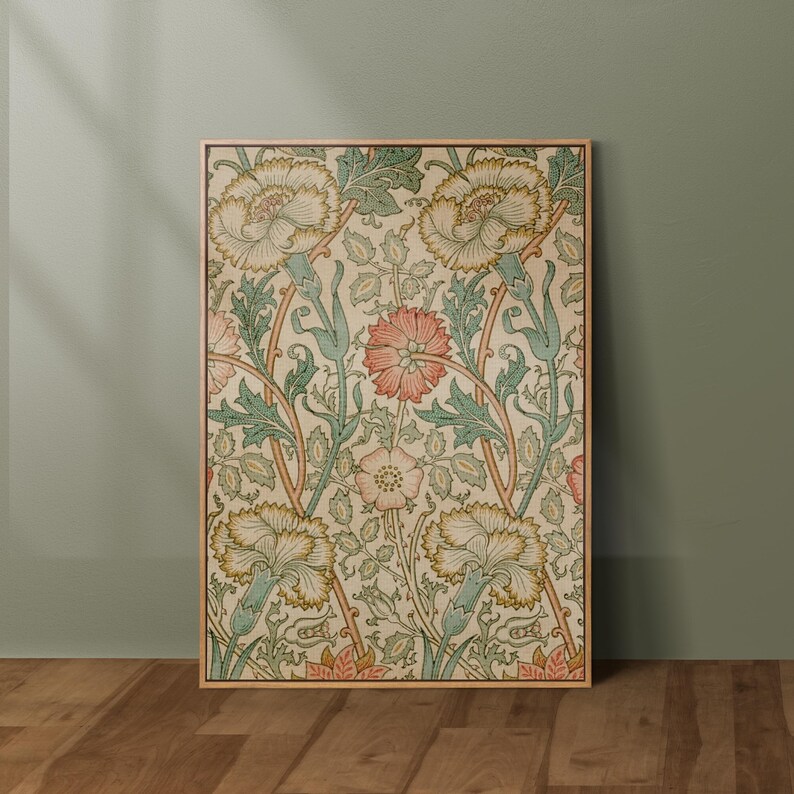 May include: A vintage floral print with a repeating pattern of pink, white, and yellow flowers on a cream background. The flowers are surrounded by green leaves and stems.