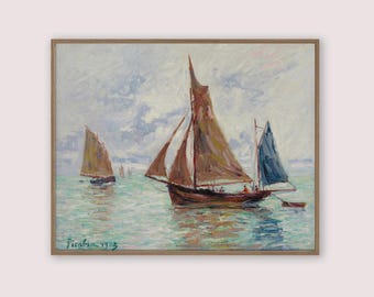Colorful Sailboat Wall Art, Vintage Sailboat Print, Antique Seascape Painting, Lakehouse Decor, Nautical Digital PRINTABLE Wall Art, No. 410