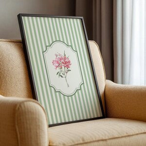 Sage Green Pink Botanical Wall Art Set of 3 Neutral Vintage Striped ...