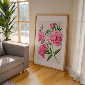 Pink Peony Print, Modern Watercolor Flowers, Peony Flower Wall Art, Pink and Green Floral, Colorful Botanical Print, PRINTABLE Art, A-211