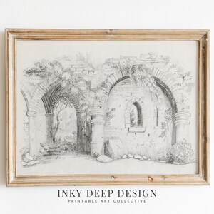 Wall Art Sketch of Ruins Architecture Sketch Art Architectural Illustration Wall Decor Digital Download PRINTABLE Wall Art, No. 450