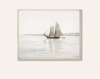 Arte de velero vintage, pintura de velero en acuarela apagada, arte costero, decoración de casa de lago, paisaje marino antiguo, arte mural náutico imprimible, n.° 355
