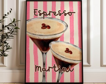 May include: A poster with pink and white stripes featuring two martini glasses filled with a brown liquid and a white foam top. The text "Espresso martini" is written in brown letters on the poster.