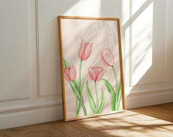 Pink Tulips Wall Art, Watercolor Tulip Print, Tulip Wall Decor, Pink and Green Floral Artwork,  Spring Flower Art, PRINTABLE Art, A-206