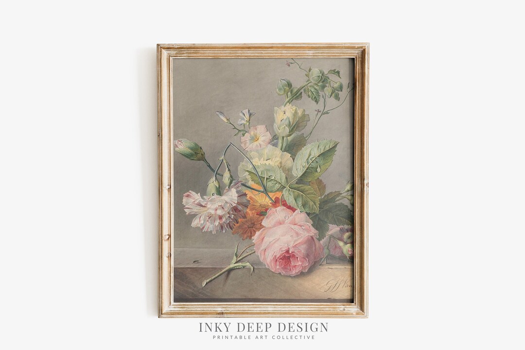 Vintage Flower Pink Rose Painting Floral Still Life Light Academia ...