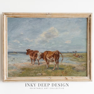Hereford Cow Art Antique Cow Oil Painting Vintage Country Landscape Print Coastal Farmhouse Decor Downloadable PRINTABLE Wall Art, No. 356