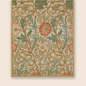 May include: A vintage floral print featuring a repeating pattern of pink, white, and green flowers with intricate details. The design is framed in a light brown wood frame.