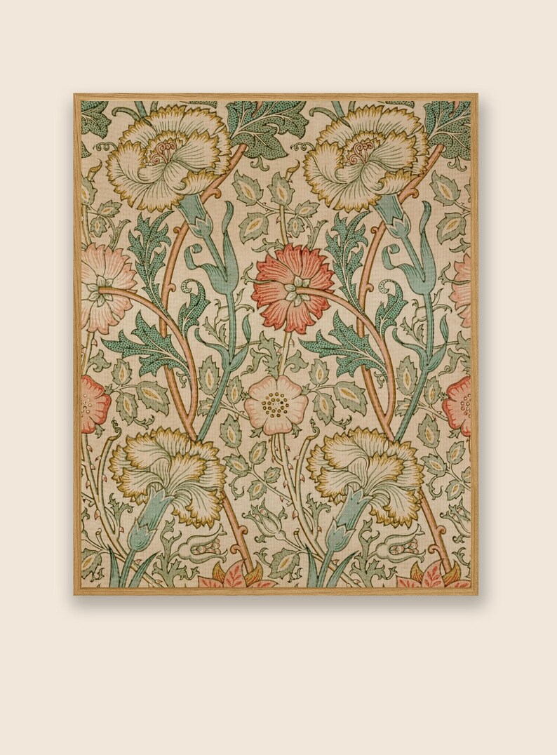 May include: A vintage floral print featuring a repeating pattern of pink, white, and green flowers with intricate details. The design is framed in a light brown wood frame.