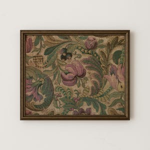 Vintage Textile Wall Art Print: Abstract Floral Print with Warm Tones of Green, Gold, and Purple, PRINTABLE Art, No. 400
