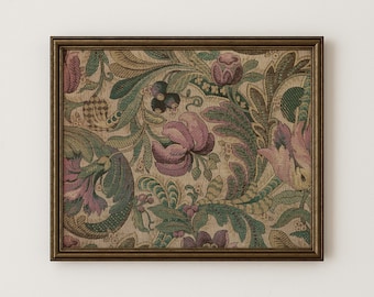 Vintage Textile Wall Art Print: Abstract Floral Print with Warm Tones of Green, Gold, and Purple, PRINTABLE Art, No. 400
