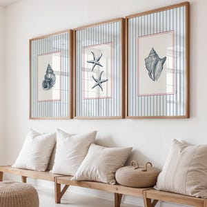 May include: Three framed prints with a nautical theme. Each print features a different blue and white seashell or starfish illustration on a striped background, framed in wood. Below, a wooden bench with white pillows and a woven basket.