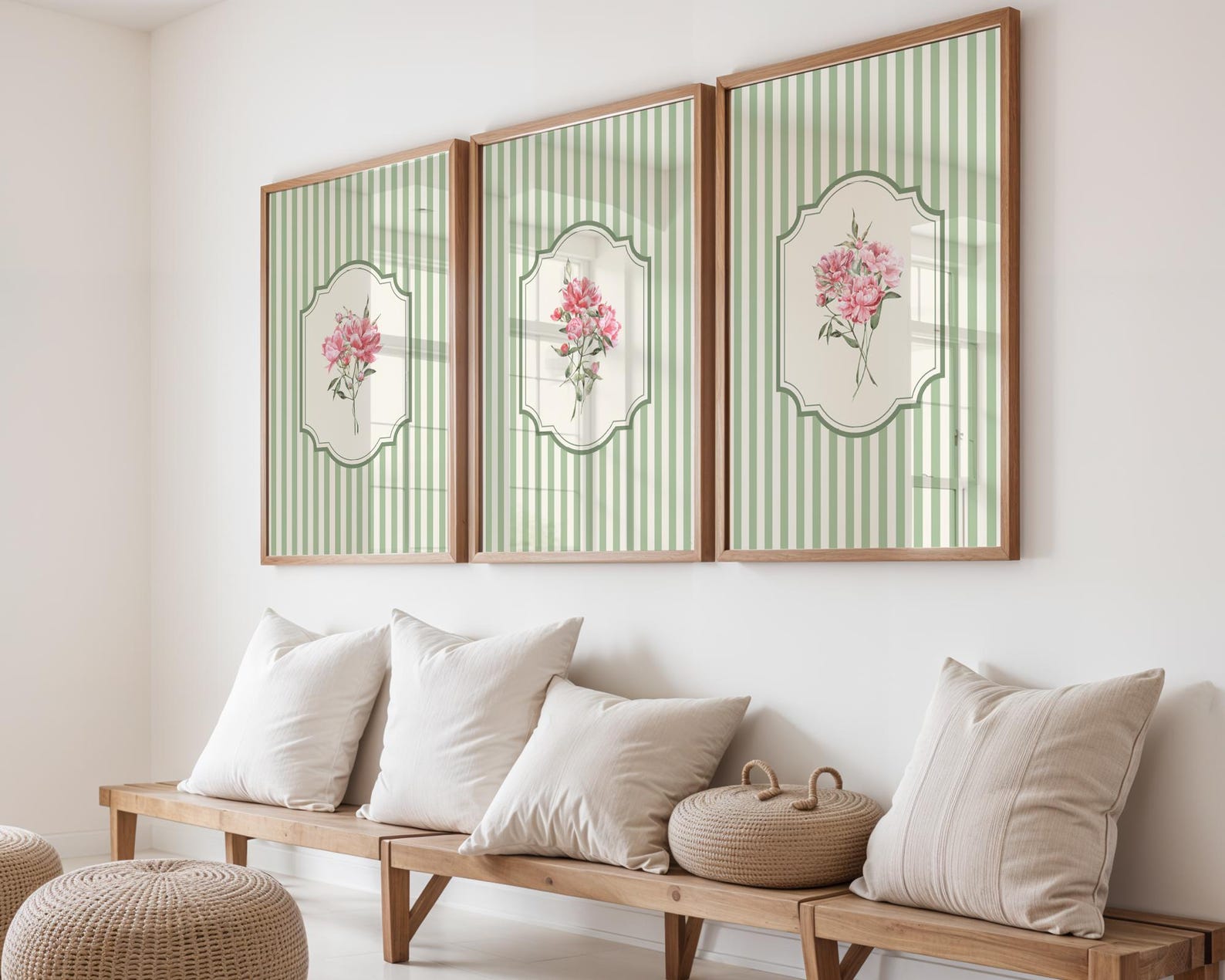 Sage Green Pink Botanical Wall Art Set of 3 Neutral Vintage Striped ...