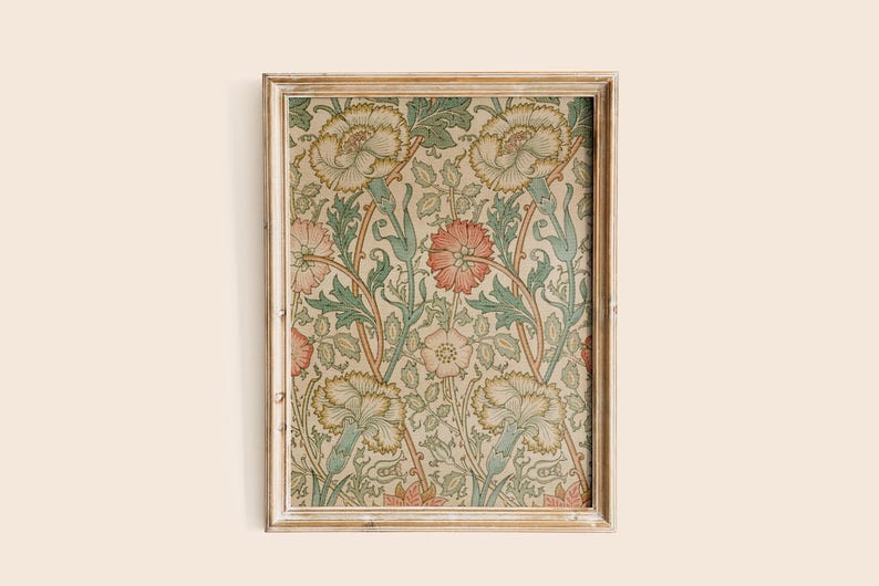May include: A framed print with a floral pattern in shades of green, pink, and white. The flowers are stylized and have a vintage aesthetic.