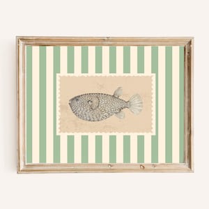 Fisch Kunstdruck, Vintage Fisch Kunst, grüne Streifen Kunst, Grandmillennial Kunst, Neutrale Wand, Salbei grüne Wandkunst, DRUCKBARE Kunst, Nr. A-215