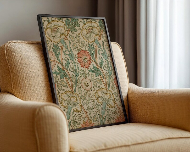 May include: A framed print of a vintage floral design featuring pink, white, and green flowers on a cream background.