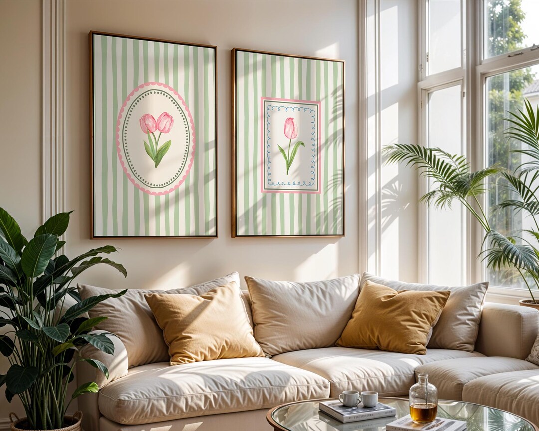 Sage Green Pink Flower Wall Art Set of 2 Vintage Striped Floral Prints ...