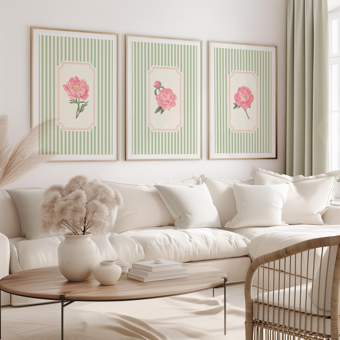 Sage Green Floral Wall Art Set of 3 Striped Botanical Cottage Decor ...