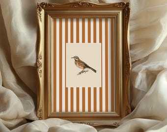 Vintage vogel wordt afgedrukt Retro vogelkunst verbrande oranje roest terracotta gestreepte kunstafdruk Grand Millennial Art Victoriaanse vogelkunst afdrukbare kunst A218