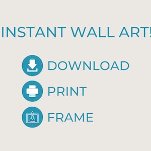 Op de afbeelding: Direct wandkunst! Download, print en lijst je kunstwerk. Blauwe pictogrammen met witte symbolen geven de stappen weer.