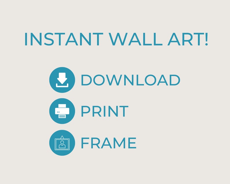 Op de afbeelding: Direct wandkunst! Download, print en lijst je kunstwerk. Blauwe pictogrammen met witte symbolen geven de stappen weer.